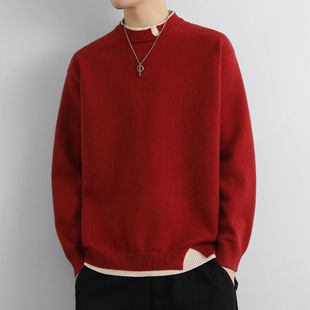 仓树一石潮牌假两件毛衣男秋冬宽松本命年红色针织衫高级感毛线衣