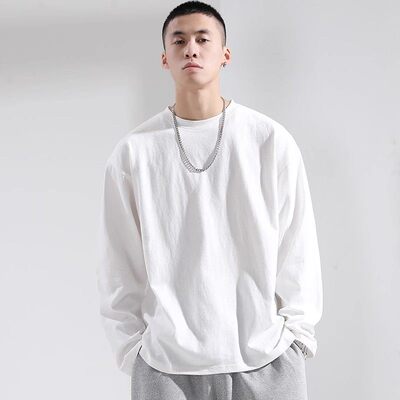 仓树一石220G纯棉长袖T恤男高端潮牌2025春秋新款潮流白色打底衫