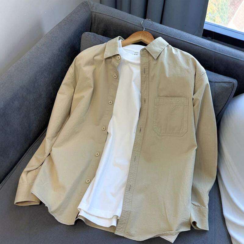 仓树一石卡其色长袖衬衫男士春秋季穿搭日系复古工装衬衣休闲外套