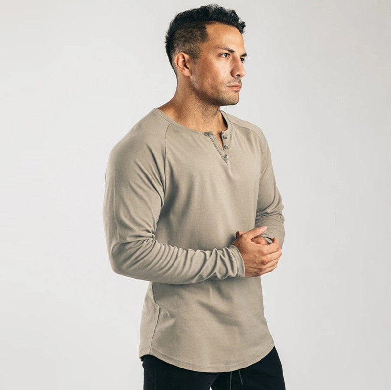 仓树一石美式复古亨利衫长袖t恤黑白纯色打底衫男纯棉弹力薄款V领