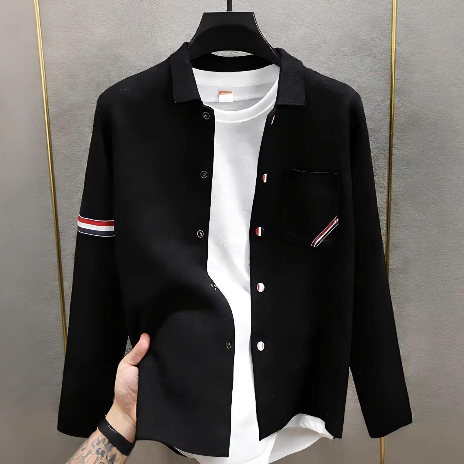 仓树一石潮牌条纹双杆开衫毛衣男韩版潮新款衬衫领针织衫夹克外套