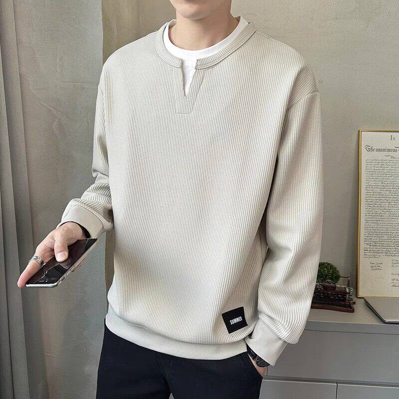 仓树一石男士卫衣春秋季2026新款薄款宽松圆领假两件长袖T恤装男