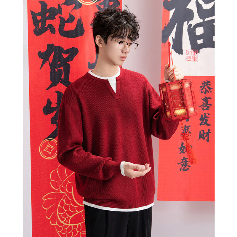 仓树一石假两件红色新年毛衣男士秋季新款本命年高级感内搭针织衫