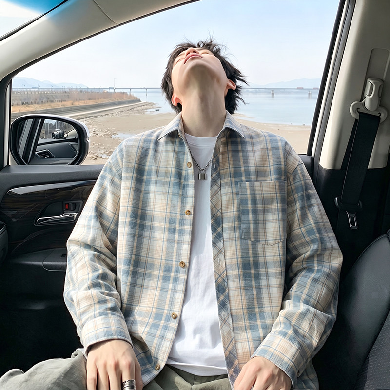 仓树一石潮牌格子衬衫男长袖秋季新款宽松青少年翻领休闲衬衣外套