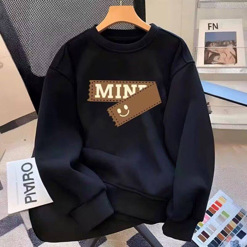 仓树一石潮牌美式字母圆领卫衣男士秋冬季落肩袖宽松加绒长袖T恤