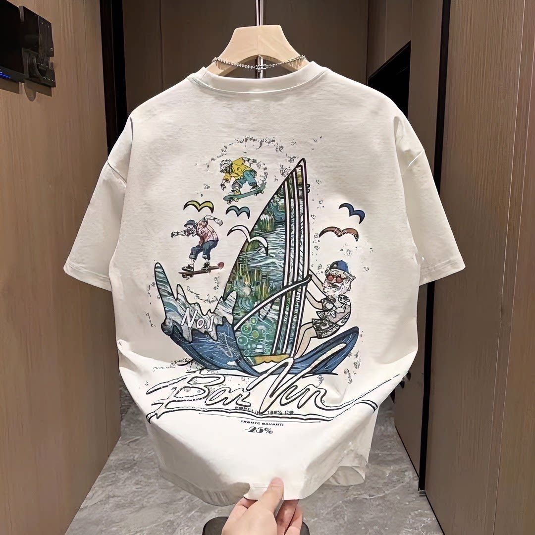 仓树一石潮牌休闲短袖t恤男士夏季时尚百搭刺绣帆船圆领半袖上衣