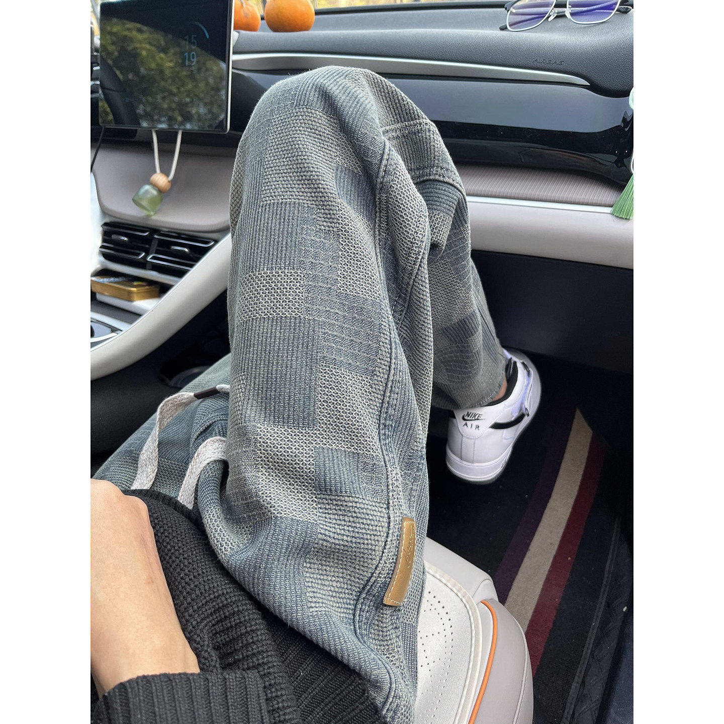 仓树一石美式复古格子纹抽绳牛仔裤男士夏款时尚宽松直筒休闲裤子