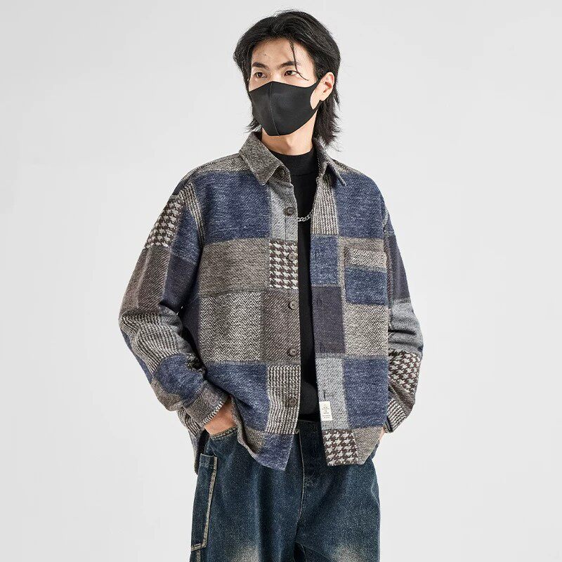 仓树一石潮流复古格子拼接衬衫男2026秋冬宽松休闲百搭夹克外套