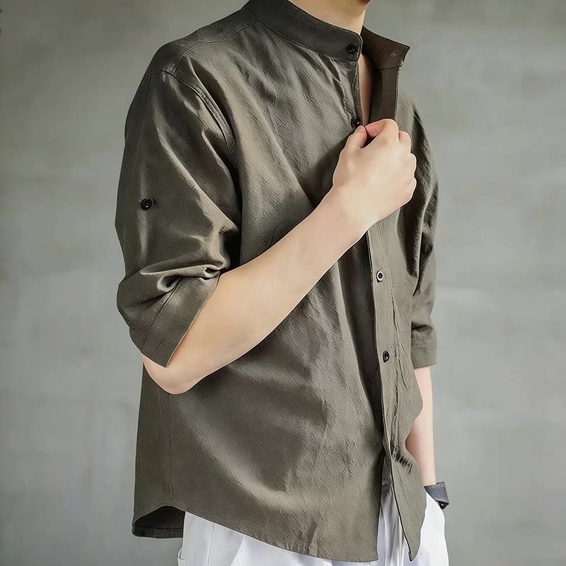 仓树一石休闲宽松七分袖衬衫男潮流夏季短袖衬衣复古百搭半袖上衣