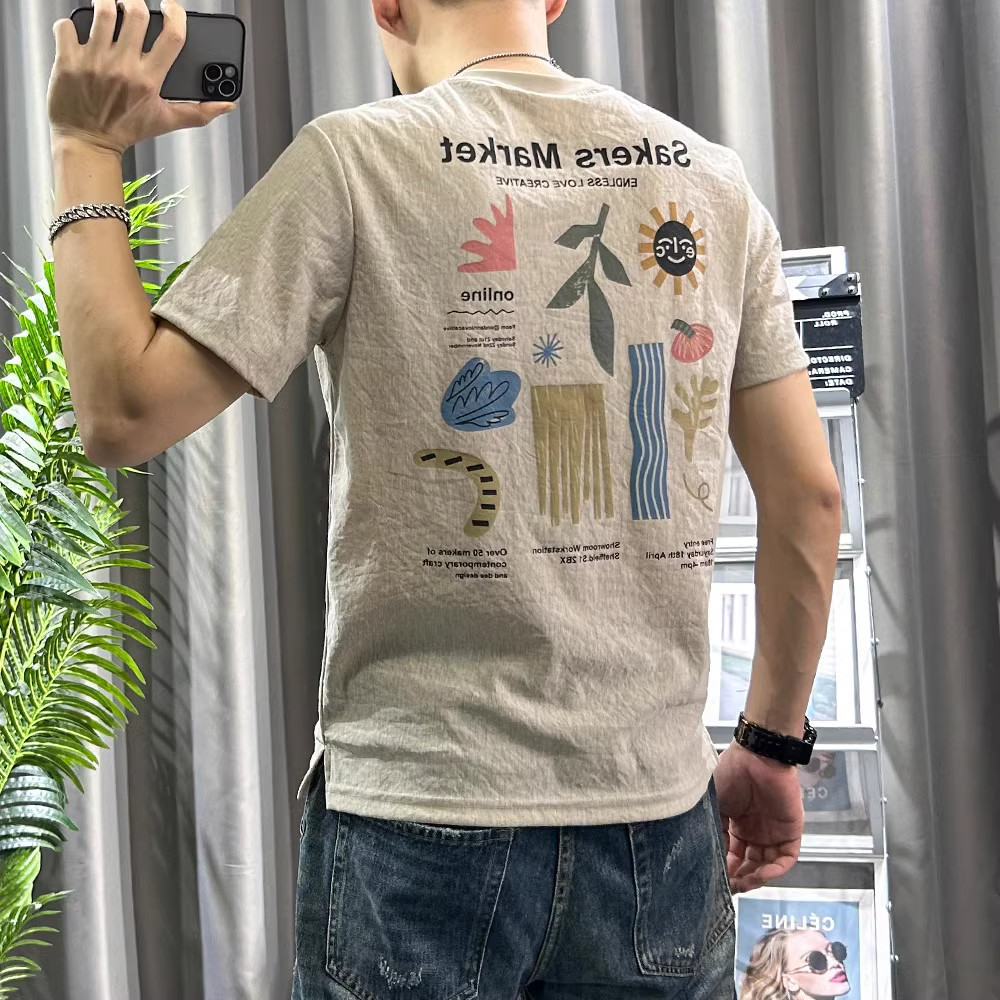 仓树一石夏季薄款牛津麻棉短袖t恤男潮牌卡通印花修身半袖体恤ins