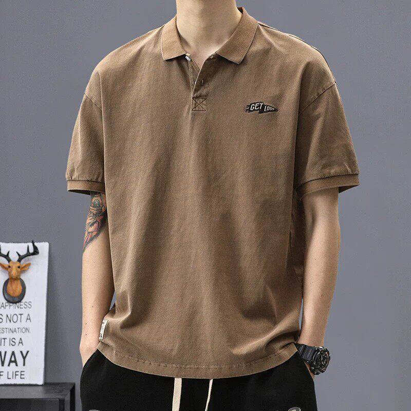 仓树一石潮牌男士POLO衫翻领短袖t恤夏季宽松简约复古体恤