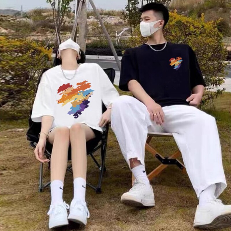 仓树一石潮牌白色短袖t恤男士2025夏季重磅圆领爱心情侣装半袖ins