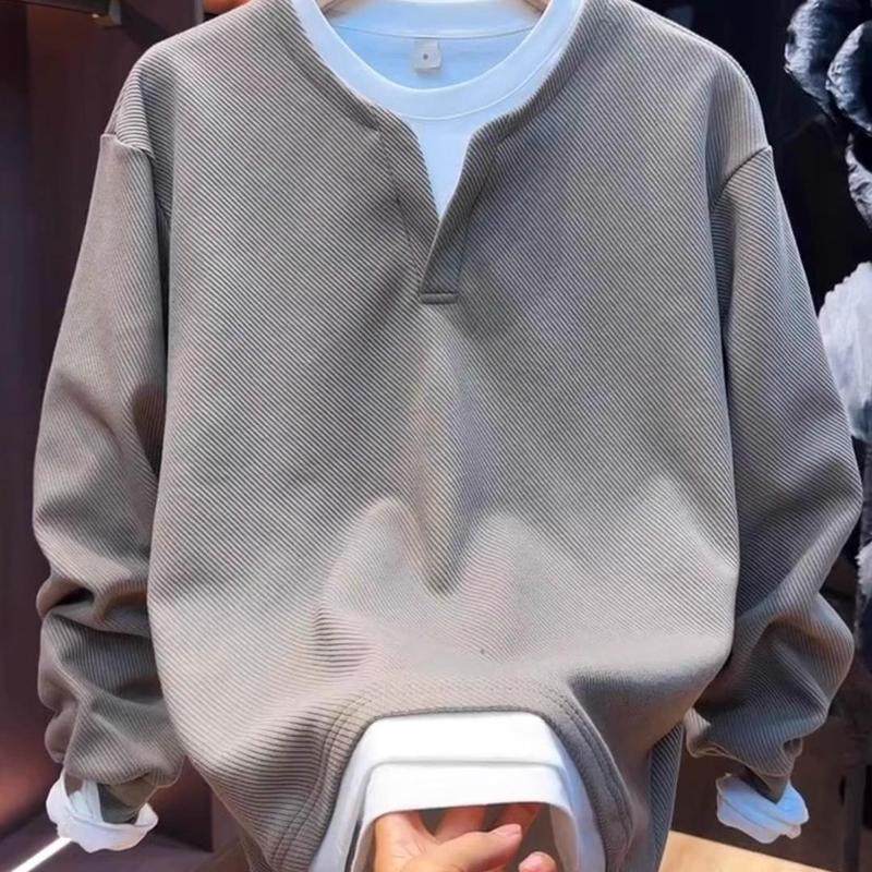 仓树一石假两件卫衣男春秋季新款纯色V领宽松加绒加厚上衣打底衫