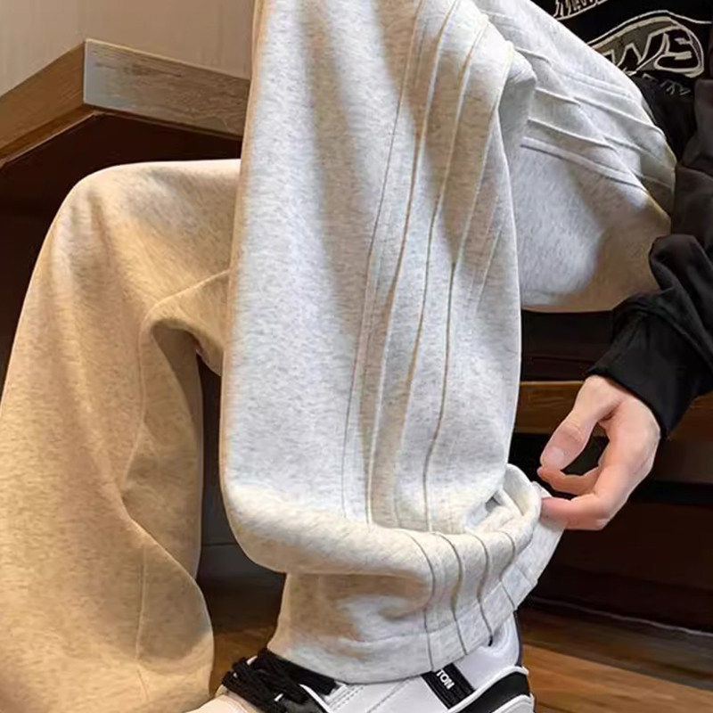 仓树一石潮牌灰色卫裤男生秋冬宽松直筒运动裤加绒加厚休闲长裤子