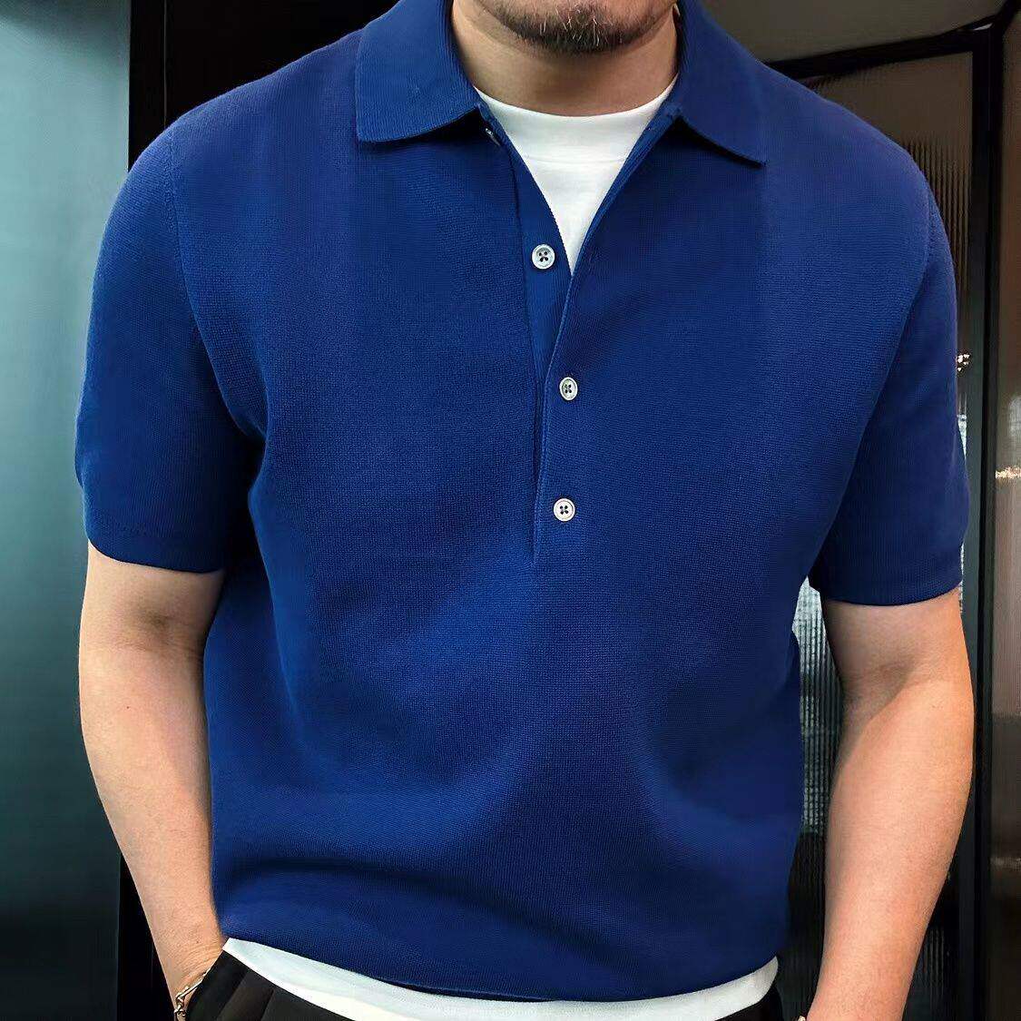 仓树一石克莱因蓝POLO衫短袖男士夏季新款高级感纯色简约上衣百搭