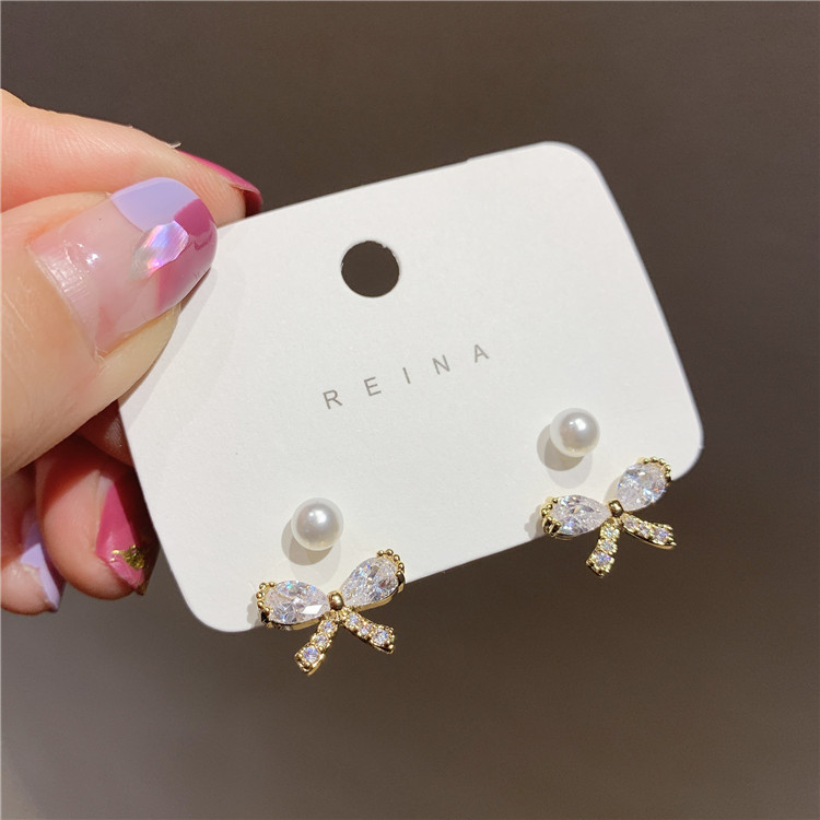 韩国东大门925银针超仙锆石蝴蝶耳环珍珠小巧百搭珍珠后挂式耳环