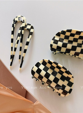 chunks黑白棋盘格半圆中号发抓抓夹发夹女后脑勺鲨鱼夹盘发头饰