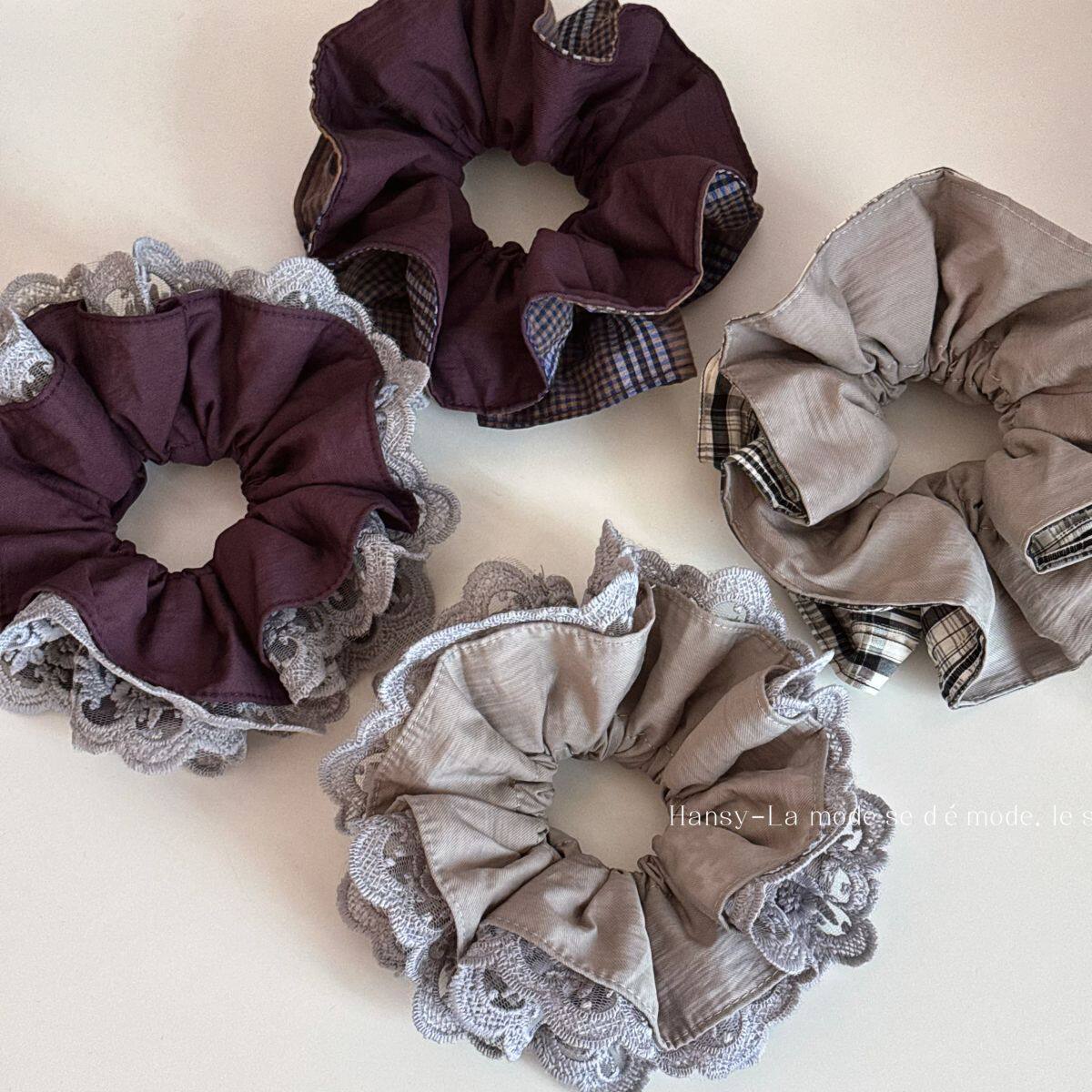 紫色蕾丝格纹大肠发圈四层锁边束腰发绳高级感马尾头绳绑头花发饰