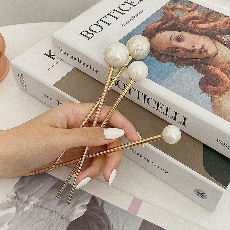 韩国简约百搭款气质好看珍珠发簪_圆球球丸子头金属盘发簪子发钗