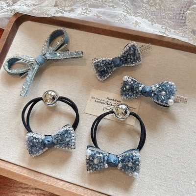 梦幻blue sea牛仔布艺砂糖蝴蝶结发圈高级感皮筋发绳扎头绳侧边夹