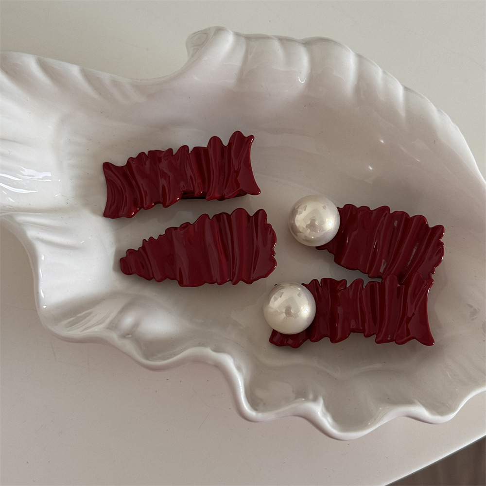 红色喜庆~褶皱发夹珍珠百搭小众设计刘海夹碎发夹超仙少女发卡