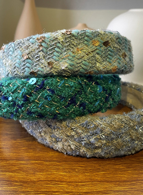 韩版重工~小香风Retro绿色粗花呢亮丝海绵发箍灰蓝色发卡女头箍