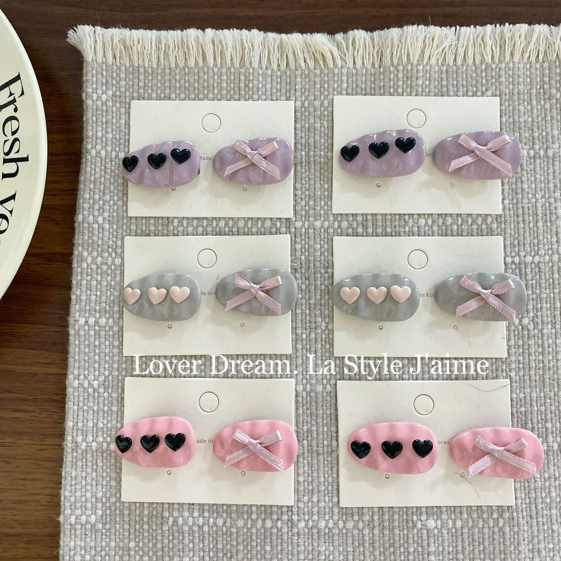 韩国新款粉色紫色蝴蝶结爱心发夹