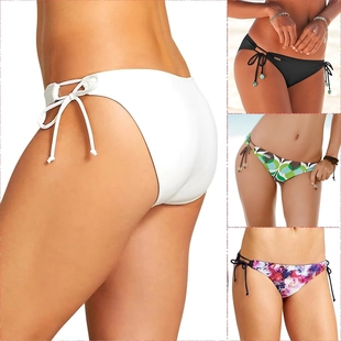 包邮 女分体比基尼三角游泳裤 侧绑带易穿脱爽水双层保守不漏光欧版