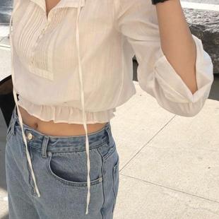 现货八奶韩国棉质白色衬衫小个子上衣打底衫th*Bar蕾丝花边长袖女
