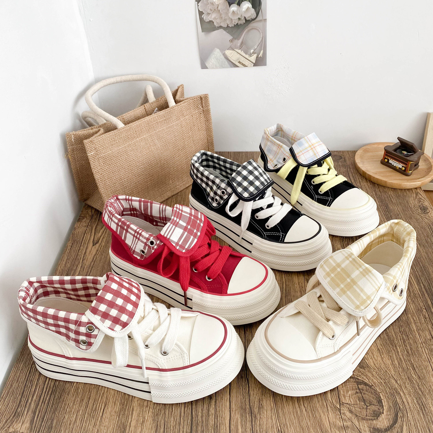 小众设计两穿格纹高帮帆布鞋女2026春秋爆款厚底ins休闲百搭板鞋,女鞋,帆布鞋,淘宝优惠券,粉丝福利购,淘宝优惠卷