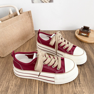 安可拉红厚底增高帆布鞋女2026春秋爆款复古百搭学生软底休闲板鞋