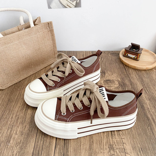 美拉德风厚底增高棕色帆布鞋女2026春秋爆款复古百搭学生休闲板鞋