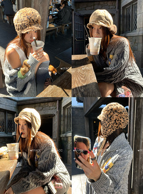 FFACC 正反两面豹纹护耳雷锋帽女冬天防风保暖潮酷复古飞行员帽子