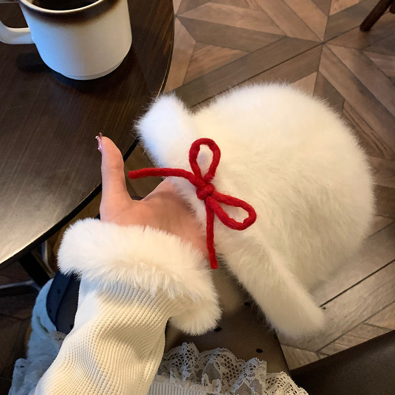 新年红色蝴蝶结毛绒盆帽子女秋冬圣诞名媛风千金礼帽显脸小渔夫帽