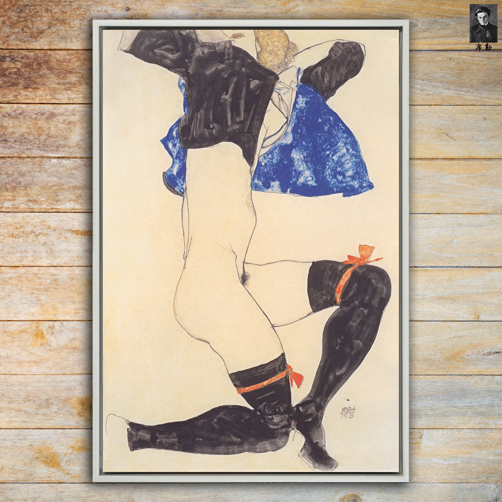 挂画 席勒卧室酒吧歌厅私密空间人体艺术画世界名画《跪立姿势》