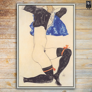 挂画 席勒卧室酒吧歌厅私密空间人体艺术画世界名画《跪立姿势》