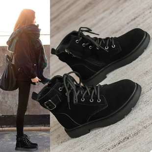 子翻毛皮短靴早秋款 秋冬季 磨砂皮 黑色马丁靴女2022年新款 加绒棉鞋