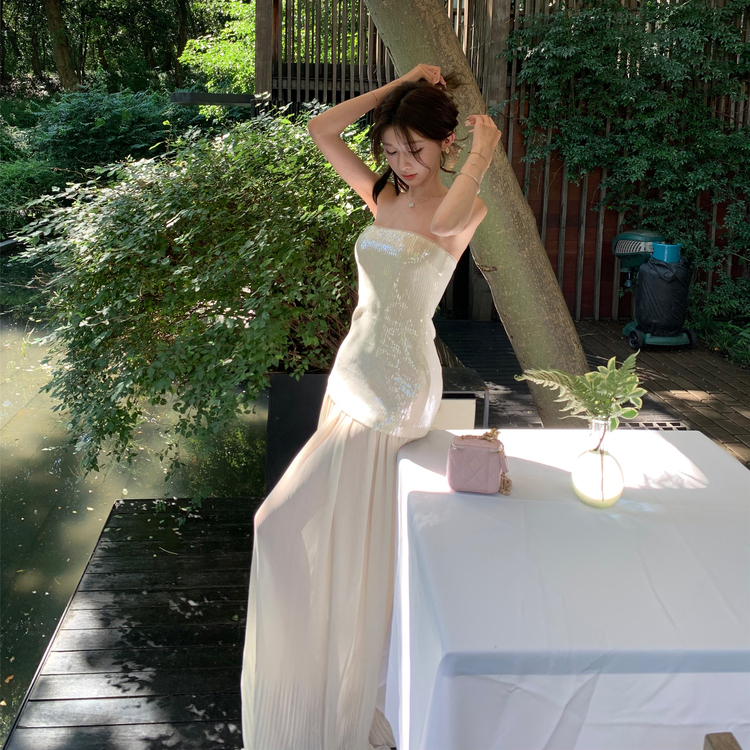 海边度假长裙夏季高级感名媛拖地网纱裙抹胸亮片连衣裙女