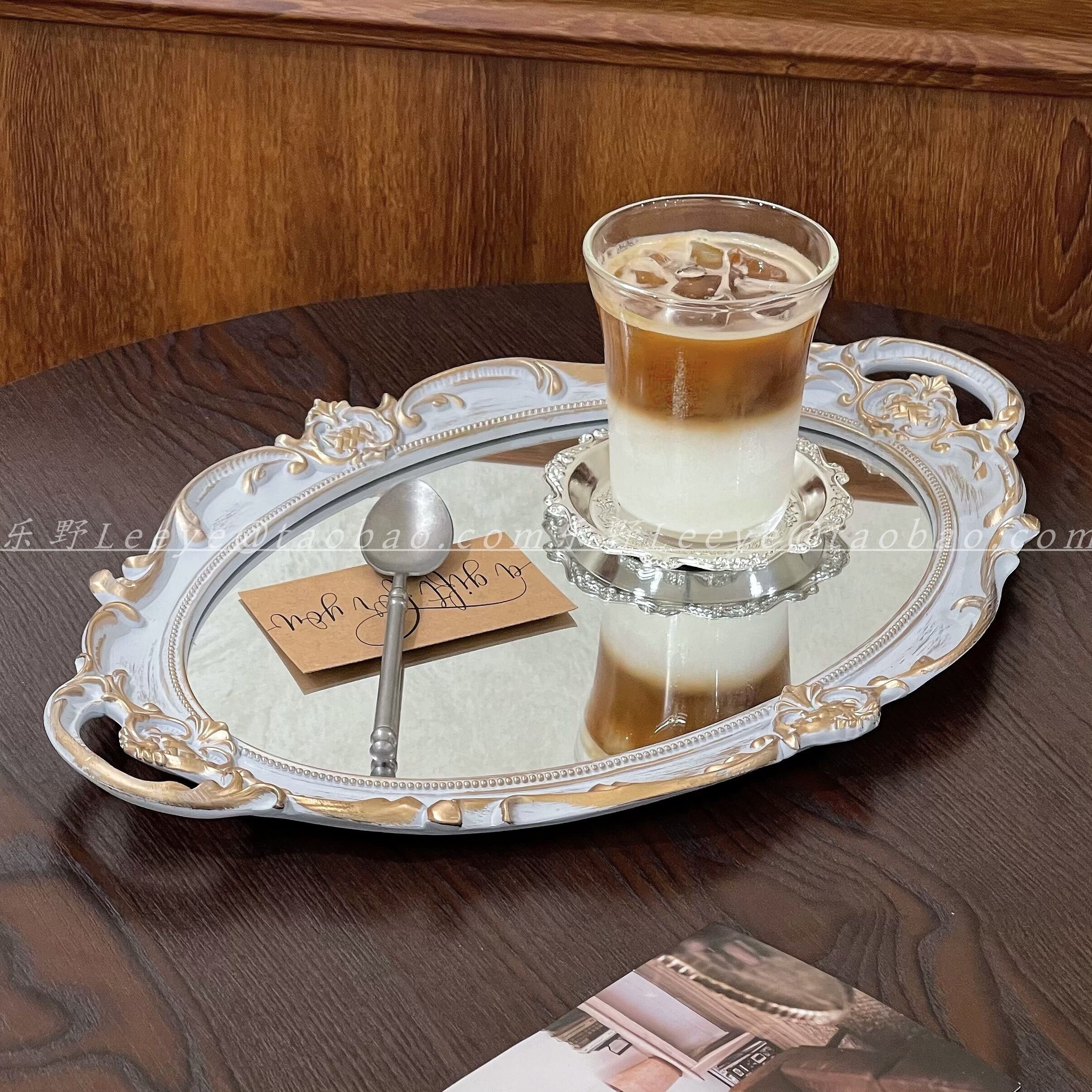 法式甜品店网红拍照道具镜面托盘红酒甜品盘餐盘杯垫饮品展示盘子