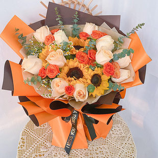 香槟玫瑰花束向日葵同城花店广州福建武汉辽宁全国送女友老婆生日