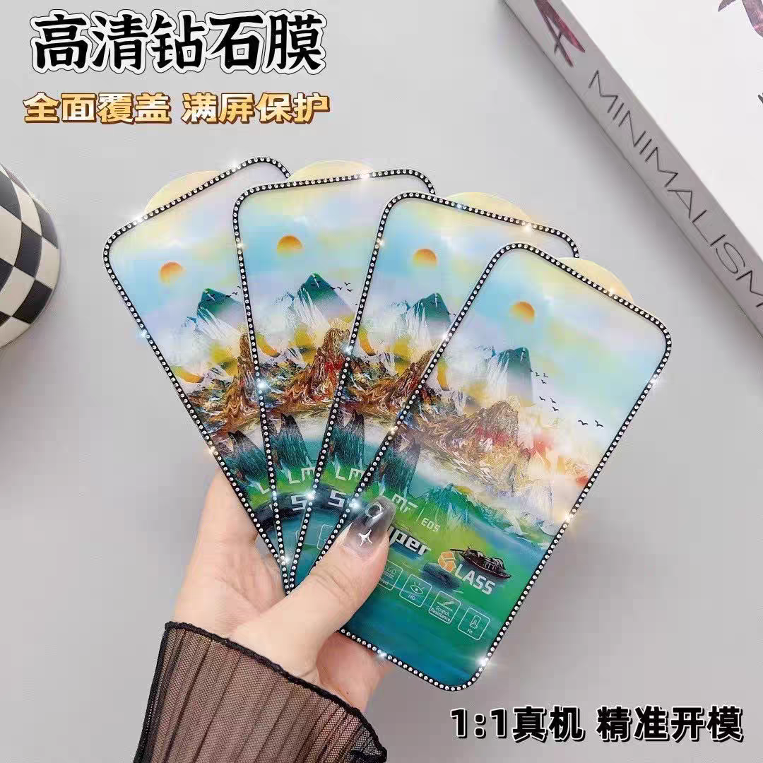 钻石膜适用于苹果15Pro钢化膜镶边钻石膜12/11/xr晶钻膜14Pro纳米涂油防指纹13 12全屏高清膜15 14隐