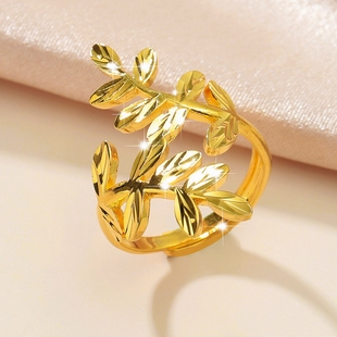 轻奢沙金饰品橄榄枝活口镀24k仿真黄金色食指戒指女款百搭高级感