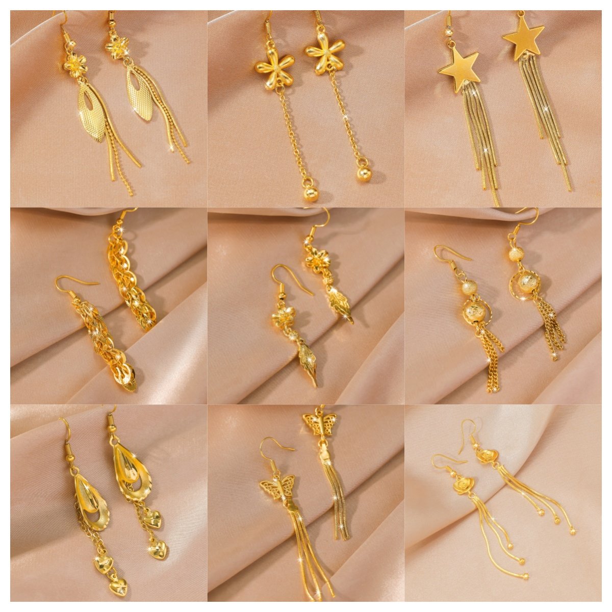 轻奢高级感镀24K仿真黄金色花朵长款流苏耳环气质百搭女沙金耳坠