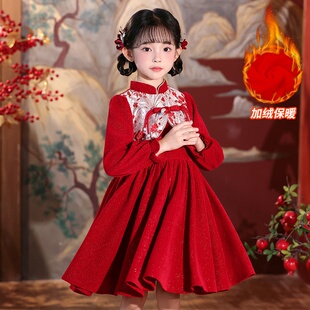 女童连衣裙秋冬装新中式加绒公主裙儿童中国风拜年服红色过年裙子