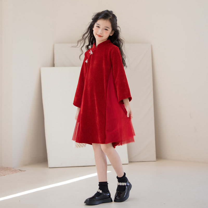 女童秋冬连衣裙加厚2025中国风红色唐装拜年服中大童新年裙子长袖