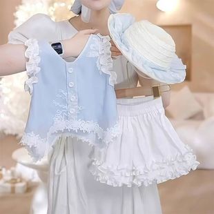 花邊新款 女童夏季 背心套裝 兩件套2025兒童韓版 上衣蕾絲洋氣 無袖
