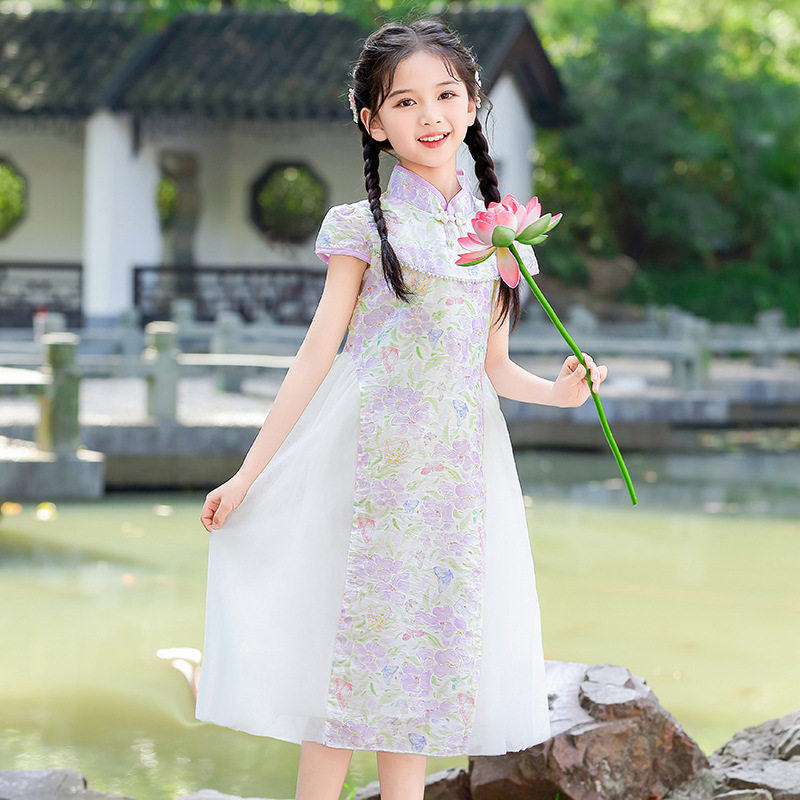 女童新中式旗袍裙夏季女孩国风唐装汉服大童连衣裙六一儿童表演服
