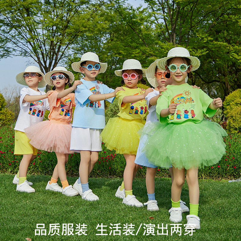六一儿童演出服套装纱裙蓬蓬裙女童运动会拉拉队糖果色表演服短袖