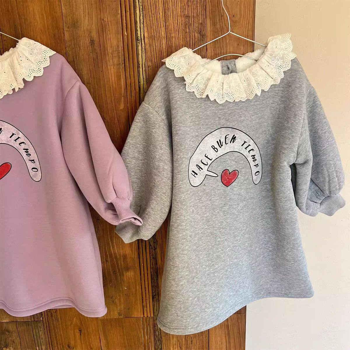 女童冬装连衣裙宝宝洋气儿童个性潮花边领爱心字母加绒加厚卫衣裙