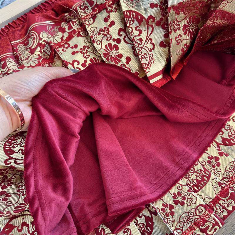 女童国风冬季新款套装中小童中国红毛毛盘扣外套+半身马面裙套装